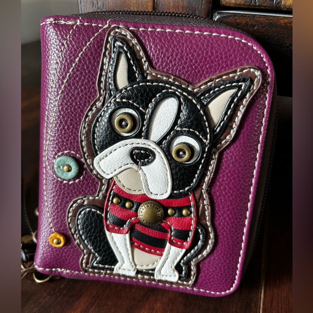 NEW Chala Boston Terrier Dog Zippered Bifold Wallet Faux Leather Purple